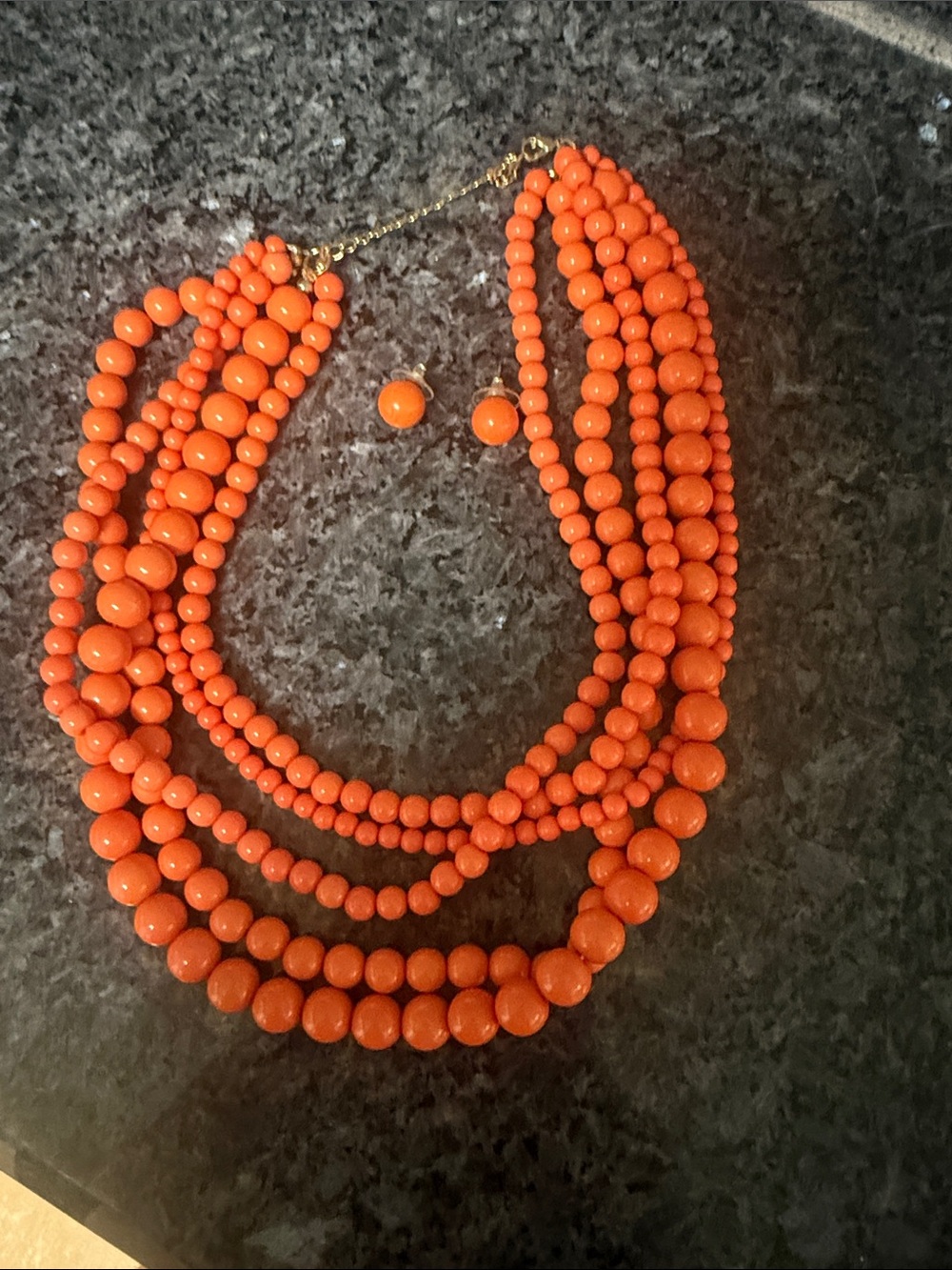 Multi-Strand Orange Beaded Necklace with Matching Stud Earrings